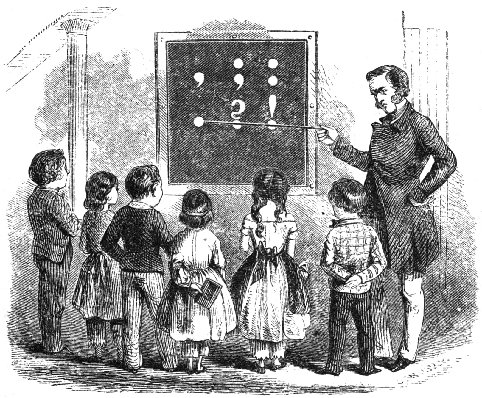 A 19th-century wood engraving by J. W. Orr showing a teacher using a pointer to indicate punctuation marks on a blackboard — comma, semicolon, colon, full stop, question mark, and exclamation mark — while six children stand with their backs to the viewer, looking on