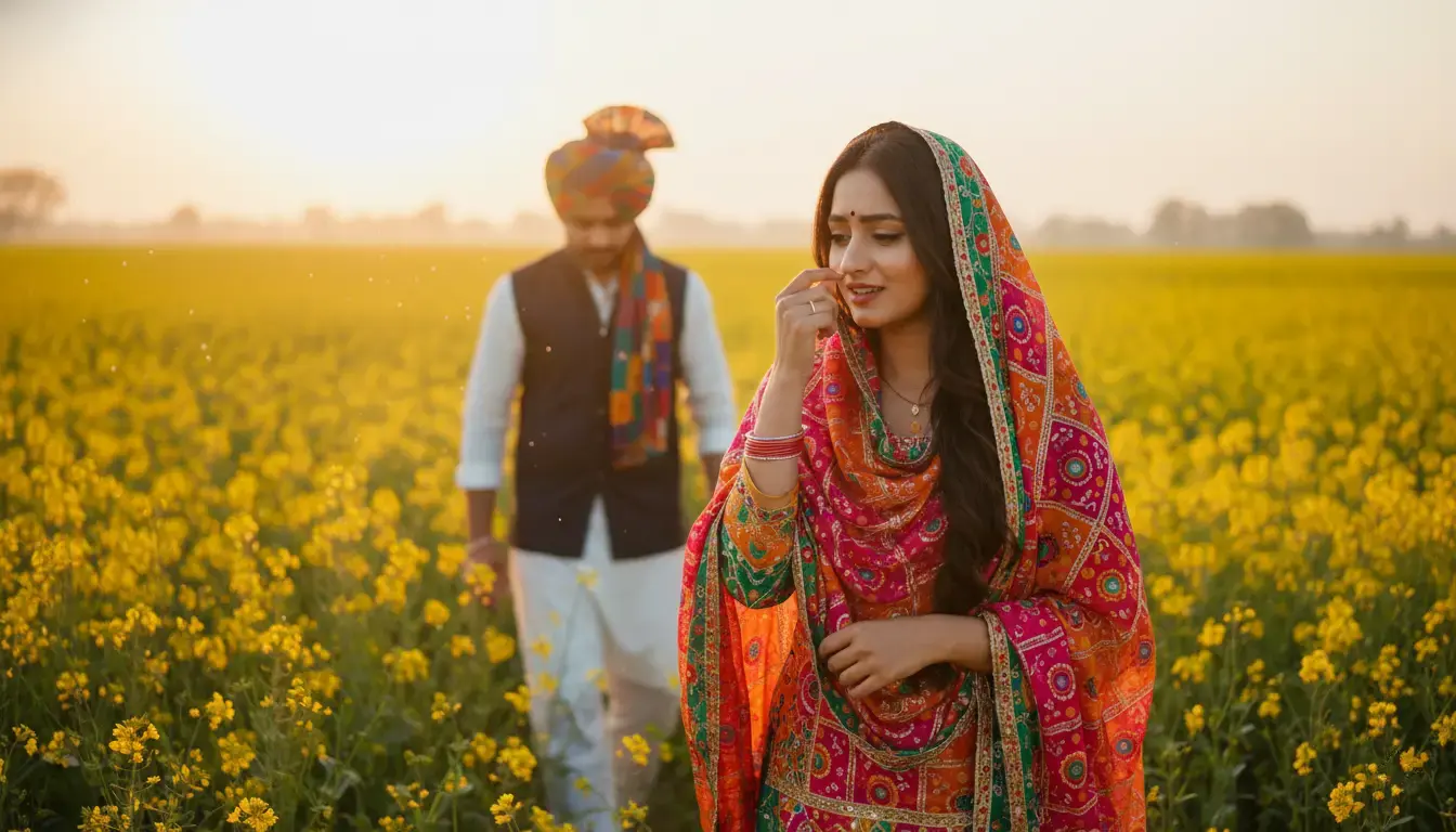 A vibrant yellow mustard field at golden hour. In the foreground, a young Punjabi woman in brightly colored traditional Phulkari clothing is looking down slightly concerned, touching her bare nose. In the background, a young Punjabi man wearing a vibrant colorful turban is walking behind her, looking down at the ground, searching for something